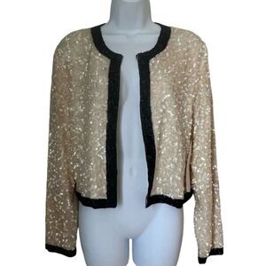 NWT Vintage Scarlet Rage Elegant Cream Black Trim Silk Sequin Evening Jacket S